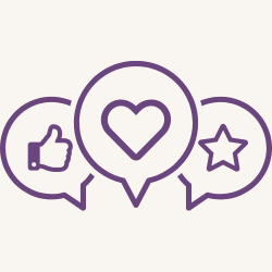 Purple icon with thumbs up, heart, and star symbols representing social media engagement for management services